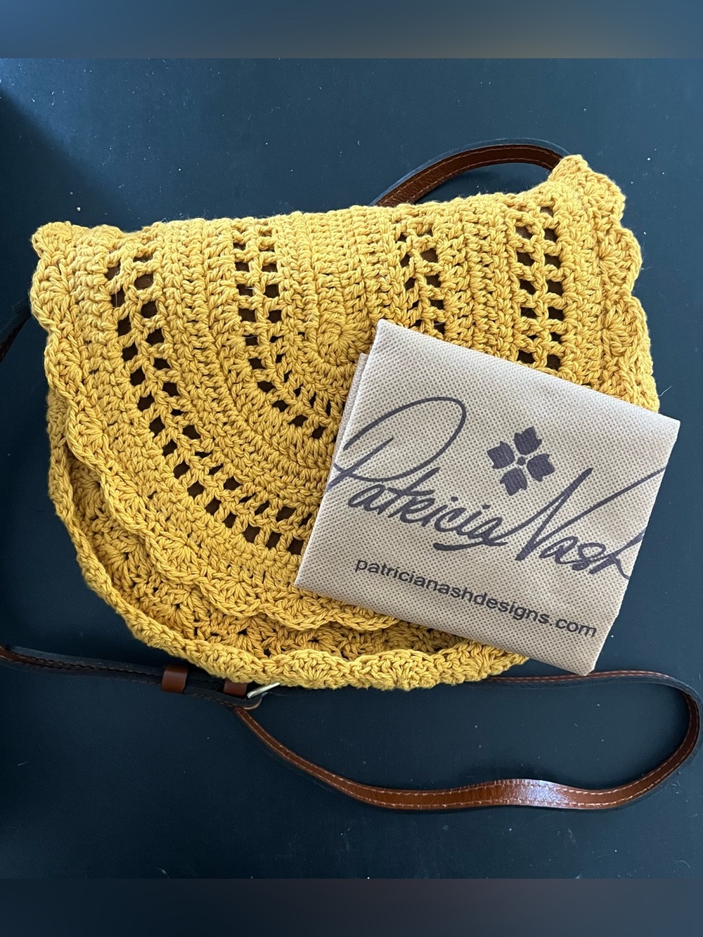 Patricia Nash Yellow Crochet Crossbody with Brown Strap - Picture 4 of 5